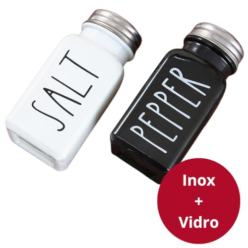 Kit Saleiro e Pimenteiro saleiro preto e Branco saleiro de mesa saleiro Vidro Porta Sal Tampa em Aço