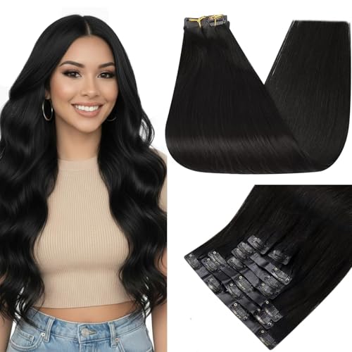 Image of Full Shine Clip in Hair Extensions Human Hair, Natural Black 22 Inch | Seamless Clip Ins, 120g 8 Pcs, Invisible Ultra-Thin Weft, Adds Length,Lightweight, Waves and Curls, Party Styling