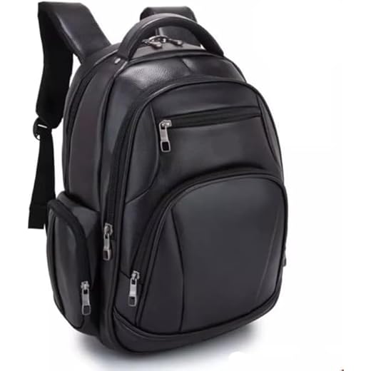 Mochila Grande Bolsa de Couro PU Impermeável Executiva Elegante para Notebook, Múltiplos Compartimentos Viagem, Faculdade, Escola Resistente Reforçada (Preta)