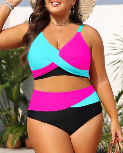Image of Tempt Me Plus Size High Waisted Two Piece Swimsuit Color Block Bikini Set