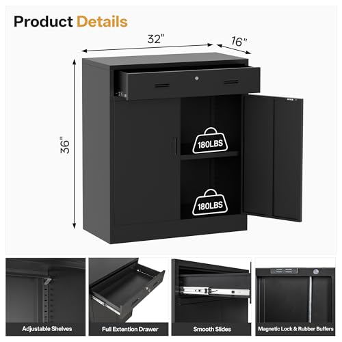 Metal Garage Storage Cabinet 36" H, Steel Locking Cabinet with 2 Lockable Doors and 1 Drawer Adjustable Shelves Easy to Assemble for Home Office, Garage,School, Apartment, Warehouse