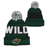 Outerstuff NHL Kids Youth 8-20 One Size Team Color Primary Logo Sports Tech Knit Cold Weather Hockey Pom Beanie Hat - Minnesota Wild - Green