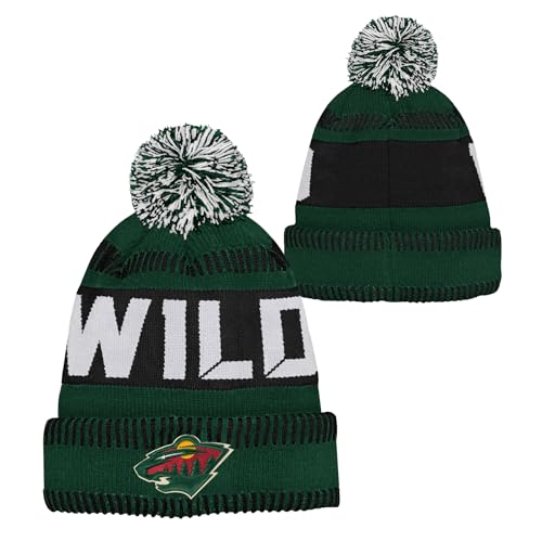 Outerstuff NHL Kids Youth 8-20 One Size Team Color Primary Logo Sports Tech Knit Cold Weather Hockey Pom Beanie Hat - Minnesota Wild - Green