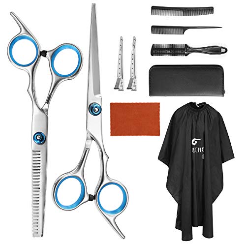 Tijeras Peluqueria Profesional, HOCOSY Juego de tijeras de peluquería para entresacar el cabello, tijeras de peluquería con capa de barbero y peine de maquinilla de afeitar, clips, con Bolsa
