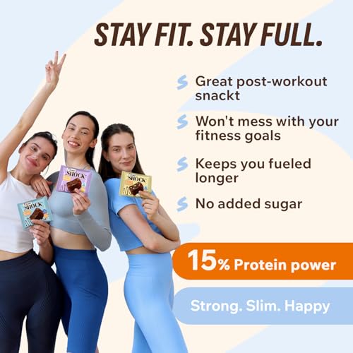 FitnesSHOCK Protein Brownie Dark Chocolate, No Added Sugar, 15%/7,5g Protein, 233kcal, Pre/Post Workout Snack - No Palm Oil, Filling dietary fibre, Soft Texture, 9x50g - Variety pack
