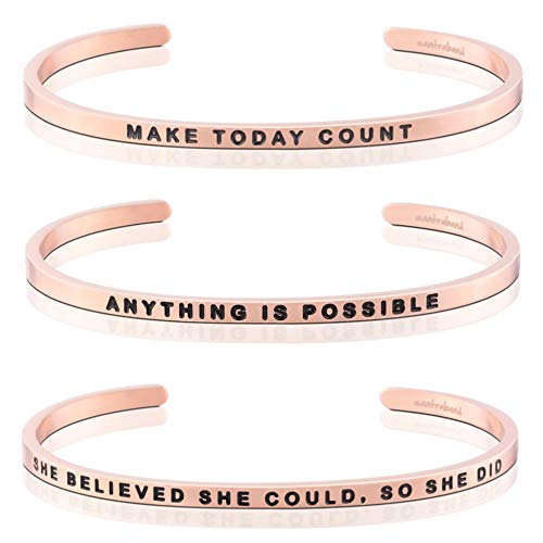 MantraBand Bracelet Stack - Motivation - Inspirational Engraved Adjustable Mantra Band Cuffs - Rose Gold - Gifts for Women