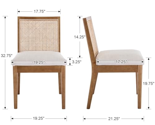 Image of HNY Farmhouse Rattan Dining Chairs Set of 2, Natural Solid Hardwood Frame, Upholstered Linen Seat, Ergonomic Cane Back Dining Room Chairs for Kitchen, Dining Room, Apartment, Beige