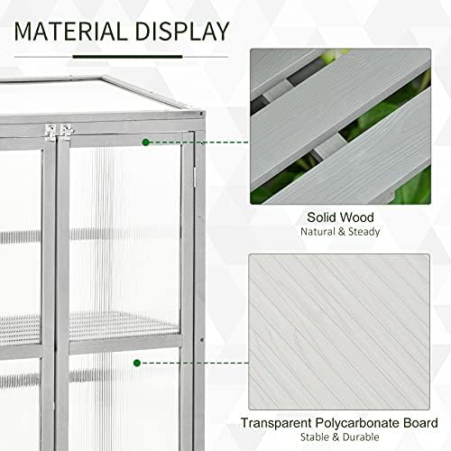 Outsunny Wooden Cold Frame Greenhouse Polycarbonate Garden Grow House for Flower Vegetable Plants w/Adjustable Shelf, Double Doors, 76 x 47 x 110cm, Light Grey