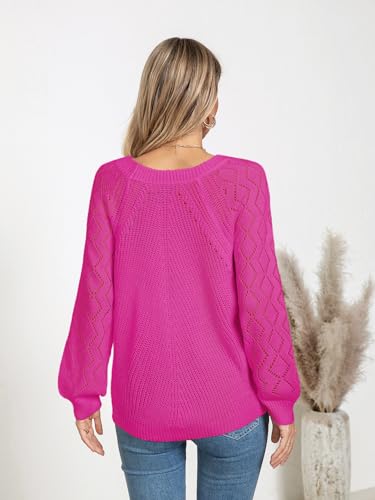 Image of Libsorge Womens Cute Crochet Knit Hollow Out Sweater Fall 2024 Lightweight Ribbed Crewneck Long Sleeve Pullover Top