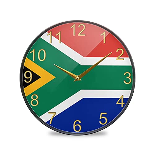 MiAnMiAn South Africa Flag Wall Clock Silent Non Ticking Round Acrylic Clock; 9.5 Inch Battery Operated Quiet Desk Clock Home Art Bedroom Office School Decor