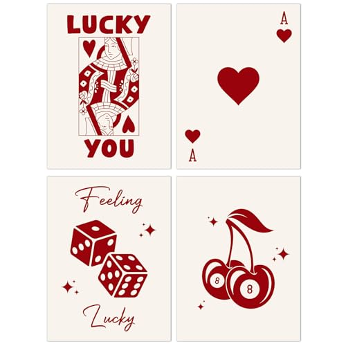 Lot de 4 affiches murales de poker Lucky You rétro pour décoration murale rustique