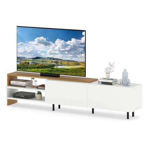 COSTWAY Meuble TV 180 cm, Meuble TV Bois pour Télé 80 Pouces, 2 Rangements Ouverts, 2 Armoires, Pieds en Métal, Style Moderne, Meuble Télé pour Salon,...