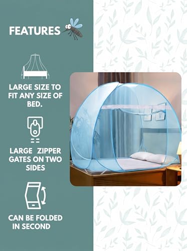 Image of Foldable King Size Mosquito Net | Double Bed Machardani | Durable 30 GSM Polyester Fabric Net Double (6 x 6) feet Bed (Blue)