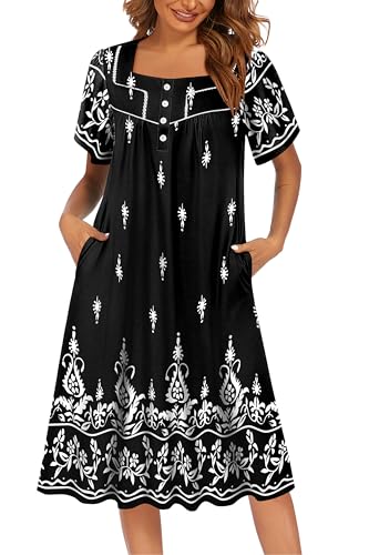 Image of Ekouaer Women's House Dress with Pocket Button Mumus | Short Sleeve Nightgown, Floral Print Mumu Dresses, Square Casual Sleepwear, Boho Roomy Housecoat, Plus Size Soft Sleepwear