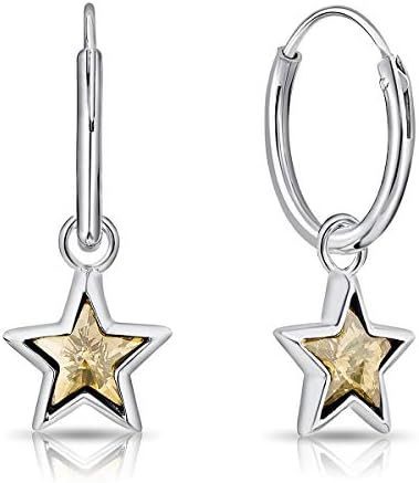 DTPsilver® 925 Sterling Silver SMALL Hoops and 5 mm Dangling Swarovski® Elements Crystal Star Earrings - Thickness: 1.2 mm - Hoops Diameter: 12 mm