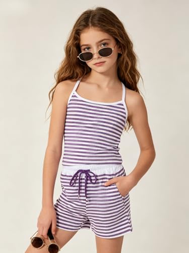 Image of Size 7-14Y Girls Clothes 2 Piece Outfits Striped Tank Top Drawstring Shorts Teen Girls Summer Clothing Sets