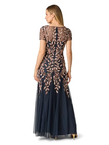 Image of Adrianna Papell Women's Beaded Gown with Godets - Floor Length Gown with Floral Embellishments & Cap Sleeves