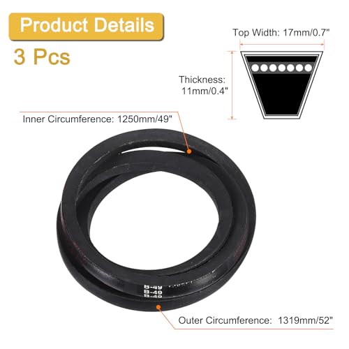 Image of uxcell 3 Pack B49 Classic Wrapped V-Belt, 52 inch Outside Circumference, Black Rubber V-Belt for Industrial Machinery Equipment