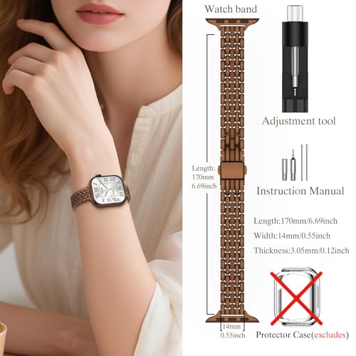 Image of Slim Metal Bands for Apple Watch 49 /46 /45 /44 /42mm(Series 3 /2 /1) | Thin Shiny Stainless Steel Strap Bands for Women, Fit iWatch Series 11 10 9 8 7 6 5 4 3 2 1 SE3 SE2 SE, Ultra 3 /2 /1, Coffee