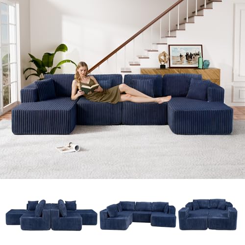 Image of 132 inch U Shaped Couch, Modular Sectional Sofa with Chaise, Corduroy U Shaped Boneless Couch with Deep Seat, Upholstered Modular Cloud Sofa for Living Room, No Assembly Required, Blue