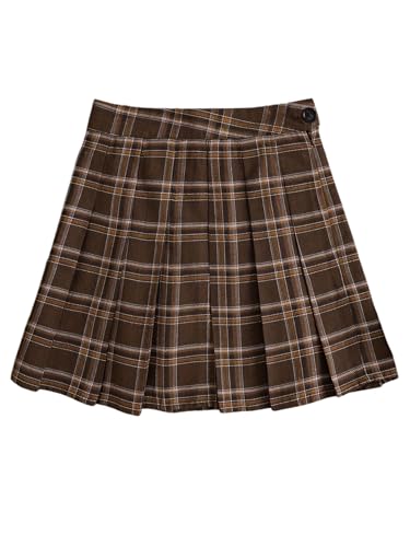 SweatyRocks Womens Plaid Pleated Skirt Casual A Line High Waist Mini Skirt with Hidden Zipper for Feminine Y2K Streetwear Coffee Brown Large