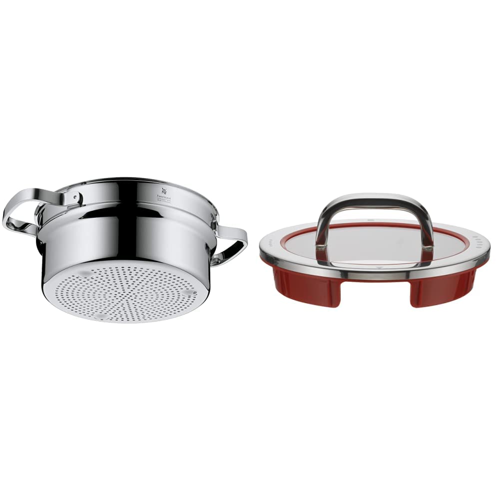 WMF Function 4 Gemüse-/ Kartoffeldämpfer 20 cm, Dampfgarer Einsatz für Topf & Function 4 Topfdeckel 16 cm, Glasdeckel mit 4 Abgießfunktionen, Glas, Silikon, Cromargan Edelstahl poliert, rot