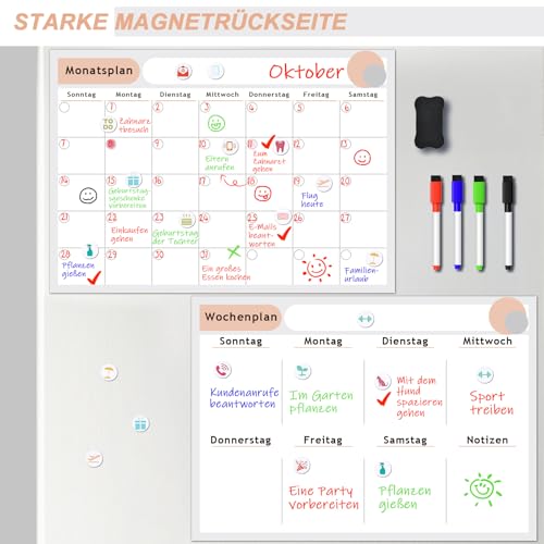 ARVOK Magnetic Whiteboard Wochenplaner abwischbar mit Monatsplaner Kalender Set - 42 x 29.7 cm für Kühlschrank, inkl. 4 Boardmarker, 16 Magnete & Wischeschwamm - Familienplaner Haushaltsplaner