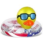 POZA Inflatable USA Duck Pool Float - Luxurious Fun Tube with Sparkle Silver Stars Confetti, Cool American Flag Design Water Swimming Floaties for Beach, Lake & Pool – 36 Inch