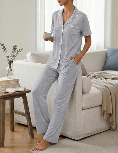 Image of ZMJ Womens Pajamas Sets 2 Piece Button Up Pj Sets Short Sleeve with Long Pant