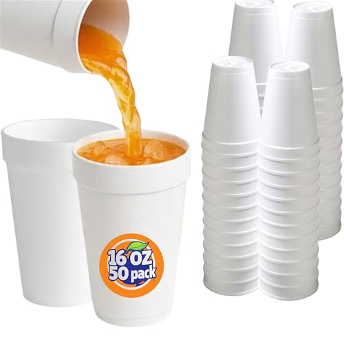 Mr Miracle 16 oz Styrofoam Cups Disposable Foam Cups (50 Pack) Insulated White Styrofoam Coffee Cups for Hot & Cold Drinks Comparable to Industry 16J16 Standard Foam Cups Made in USA