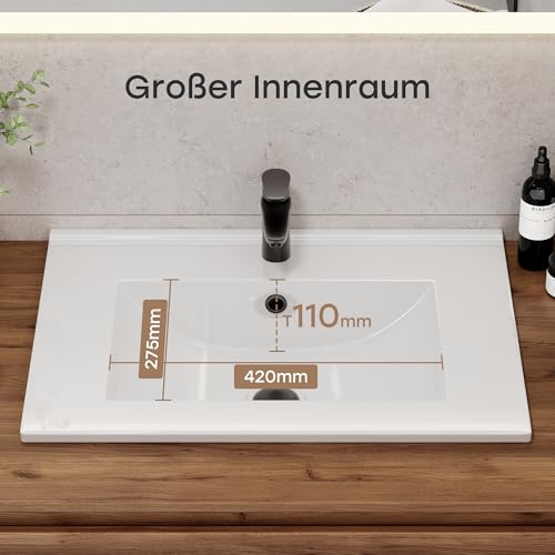 HOROW Einbau-Waschbecken Eckig, Keramik Waschbecken 60 cm Breit- Weiße Aufsatzwaschbecken für Unterschrank, mit Überlauf - Ideal für Gäste WC und kleine Badezimmer