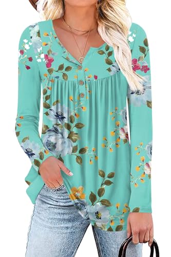 POPYOUNG Damen Henley Shirts Knopfleiste Tunika Tops Casual Langarm Bluse mit Leggings, 27-mintgrün, 38