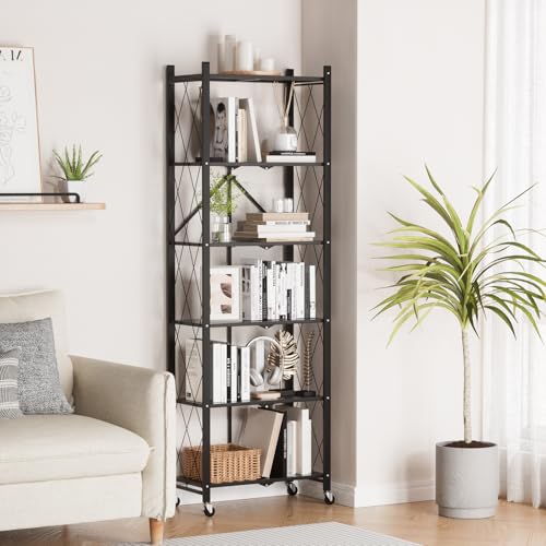 Image of ALANNG 73.6 Inch Folding Bookshelf, 6 Tier Metal Bookcase and Bookshelves | Tall Shelves for Living Room Office Bedroom, Heavy Duty Book Shelve Free Standing Open (Black, 2PACK)