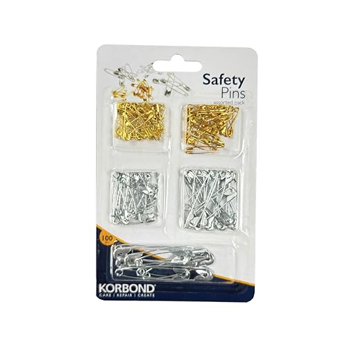 Korbond Safety Pins Value Pack - 100 Assorted Sizes; Silver/Nickel, Gold/Gilt; Professional Grade, Sharp Point, Heavy Duty, Nickel, Pin – Crafting, Sewing, Pinning, Fabrics, Saree, Sari