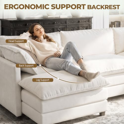 Image of LEVELEVE 146 inch U-Shape Modular Sofa with 2 Ottomans, Deep Seat Cloud Convertible Sleeper, 2 Arm Pillows, Comfortable Large Upholstered Furniture for Living Room Apartment, Beige