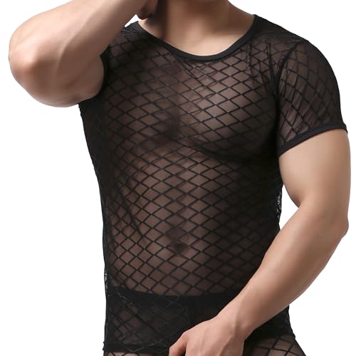 Crongless Herren Sexy Transparent T Shirt, Net Kurzarm Shirts Netzshirt Glatt Gaze Slim Fit Tops Reizwäsche Schwarz (DE/NL/SE/PL, Alphanumerisch, M, Regular, Regular)