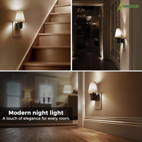 Image of L LOHAS LED Night Lights Plug into Wall, 2 Pack Linen Fabric Round Platform Decor Night Light, Dusk to Dawn Sensor Vintage Nightlight, 5000K Daylight 0-100LM Dimmable, for Bedroom Living Room Hallway