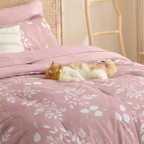 Image of Bedsure Rose Pink Queen Comforter Set - 7 Pieces Floral Bedding Sets Queen Bed in a Bag with Reversible Botanical Flowers Comforter, Sheets, Pillowcases & Shams
