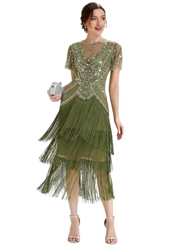 Ever-Pretty Womens 1920s Flapper Cocktail Dress Beaded Fringe Midi Dress for Evening Party Vintage Events Olive Green 16UK