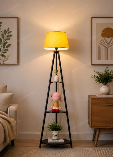 Image of Aesthetic Yellow Metal Floor Lamp with 3 Shelves Stylish Standing Lamp for Living Room Decoration Bedroom Bedside Corner Stand
