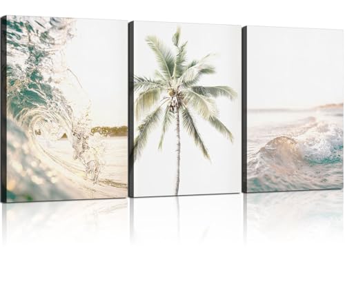 3pcs Framed Beach Ocean Waves and Palm Trees Coastal Seascape Wall Art Decor Canvas Print Picture...