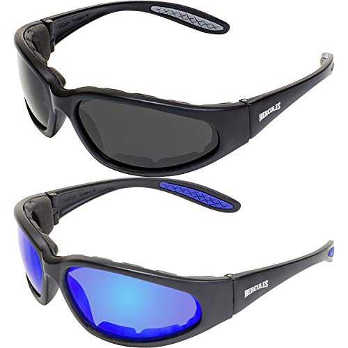 Global Vision Hercules Plus Safety Sunglasses 2 Pair Black Frames G Tech Blue Mirror Lens + Smoke Lens
