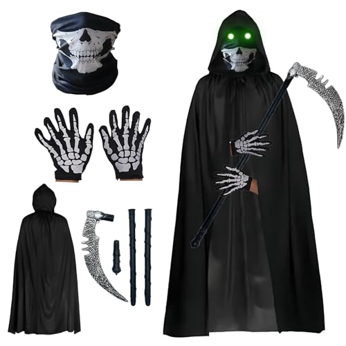 Disfarce morte para adultos, disfarce morte homem inclui foice de Halloween, luvas de skeleto, capa preta disfarce, máscara de esqueleto ideais para jogos de papel, carnaval e festas