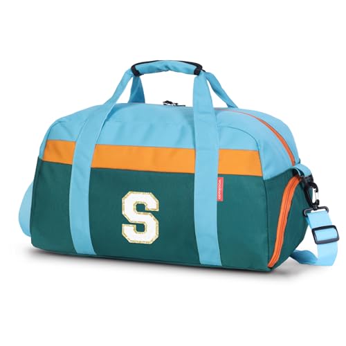 Image of Initial Kids Duffle Bag for Boys or Girls, Kids Overnight Bag with Shoe Compartment, Personalized Weekender bags, Birthday Gifts for Women Boys Girls(Green Blue-Letter S)