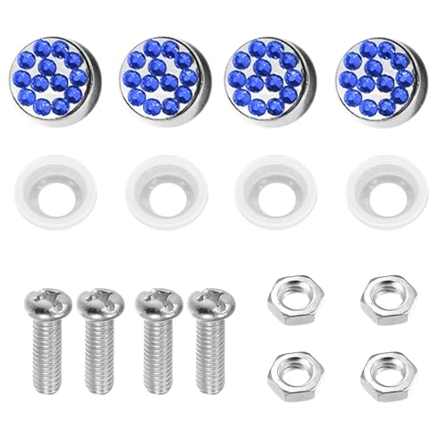 Heqxwl License Plate Screw Caps Stainless Steel Anti-Rattle Rustproof Rhinestone Diamond Fasteners 4PCS (Blue)