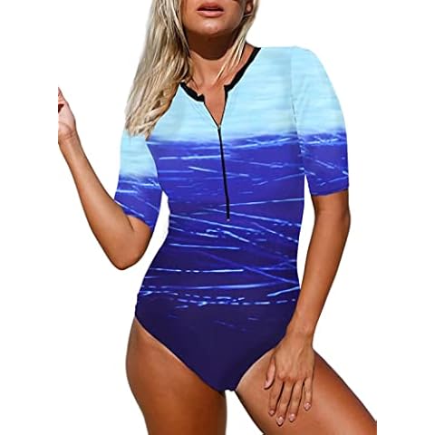 GOSOPIN Women's Summer Short Sleeves 1 Piece Swimsuits Sexy Tie Dye Printed Swimming Costume Beach Swimwear Bathing Suits Blue Zip Front Swimwear Ladies Large Cover