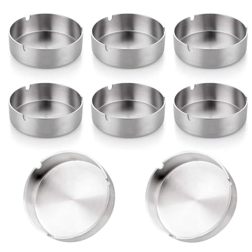 Posacenere, 8 pezzi, set di posacenere rotondo in acciaio inox da 8 cm per uso interno ed esterno, utilizzato in ristoranti, bar, all'aperto, 8 pezzi, argento