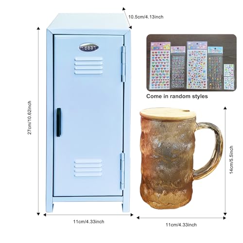 Image of Mini Locker with Lock Key Stickers Box Metal Small Locker Mini Locker Miniature Storage Girls Lockbox Desktop Storage Organizer for Cash Money Jewelry Safe Dollhouse Furniture Accessories (Blue)