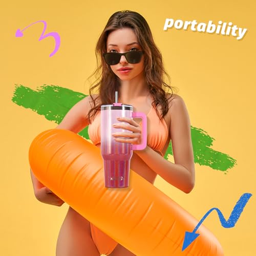 Image of 40 oz Shiny Tumbler with Handle and Straw,Stainless Steel Tumbler with Lid and Straw,Insulated Travel Mug(Cold for 34 Hours),Water Bottle for Iced Tea,Coffee (Red)
