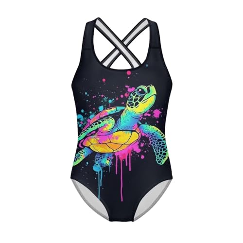 JUDENTIDOS Neon Sea Turtle Print Girls One Piece Swimsuits Cross Back Straps Bathing Suit Beach Swim Suit Swimwear 5-14 Y